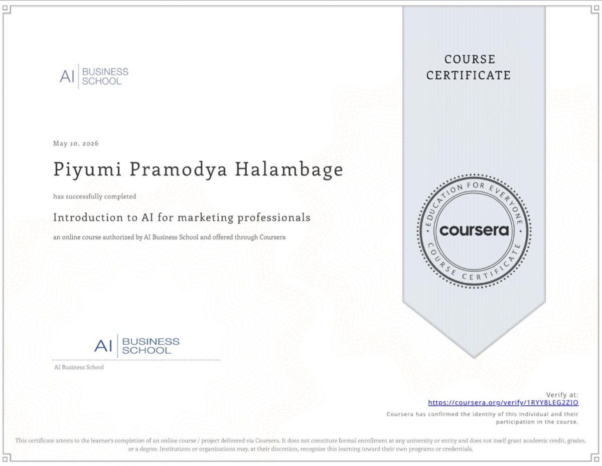 Coursera course certificate: Introduction to AI for marketing professionals, AI Business School, May 2026
